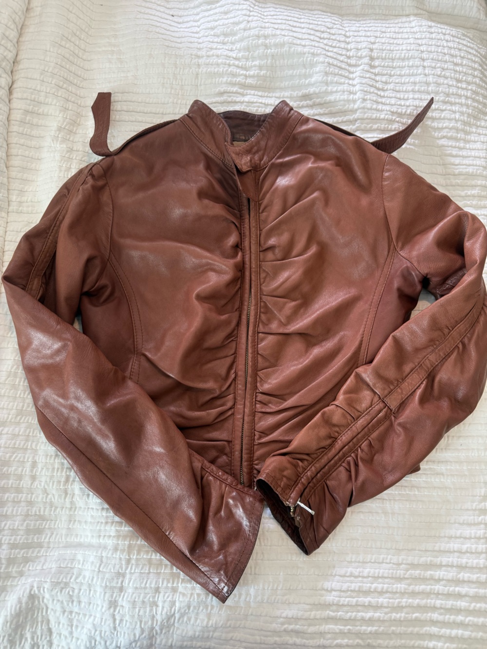 VTG Women's Brown Leather Ruched Zip Jacket GUC 1025